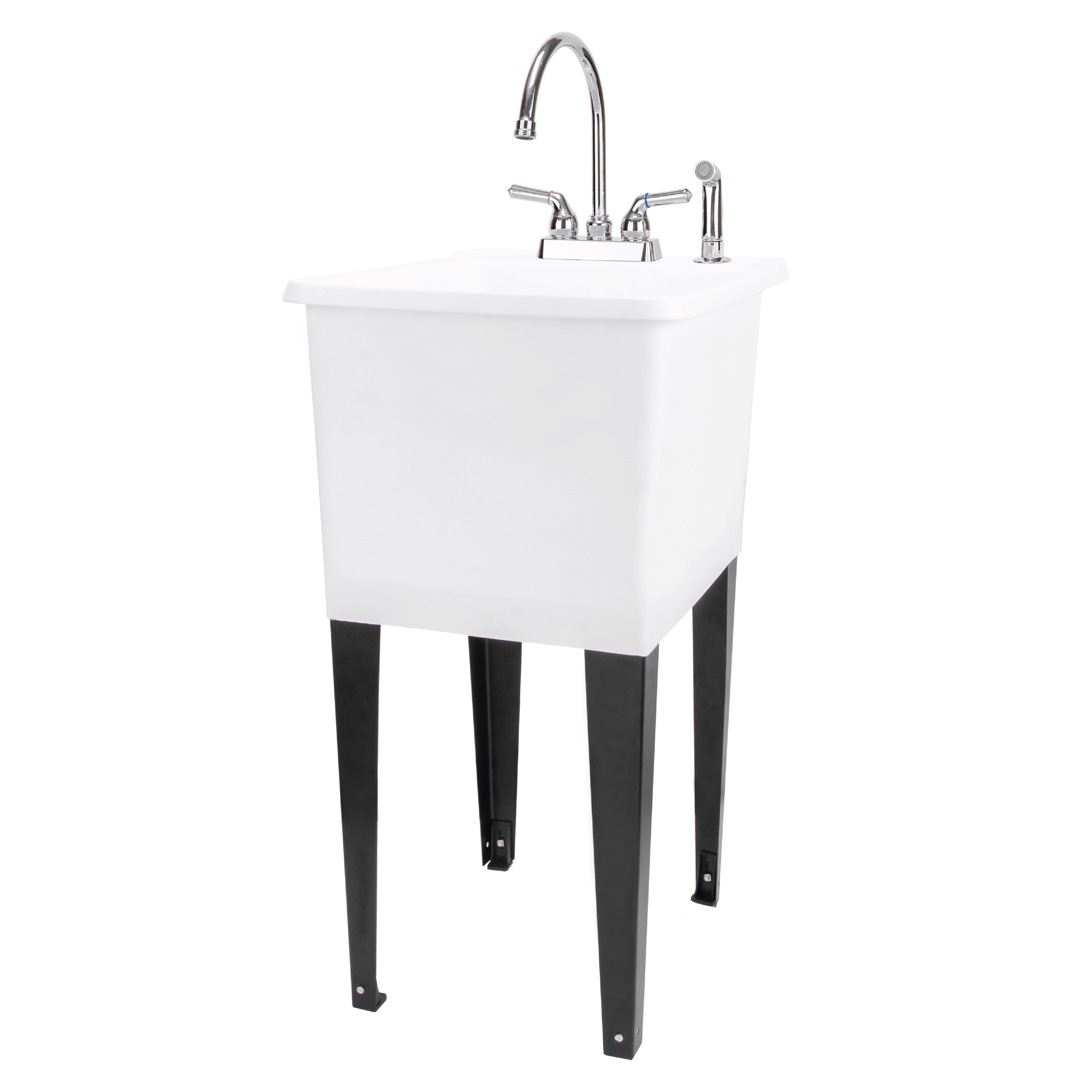 White Freestanding Utility Sink with Chrome Faucet and Sprayer