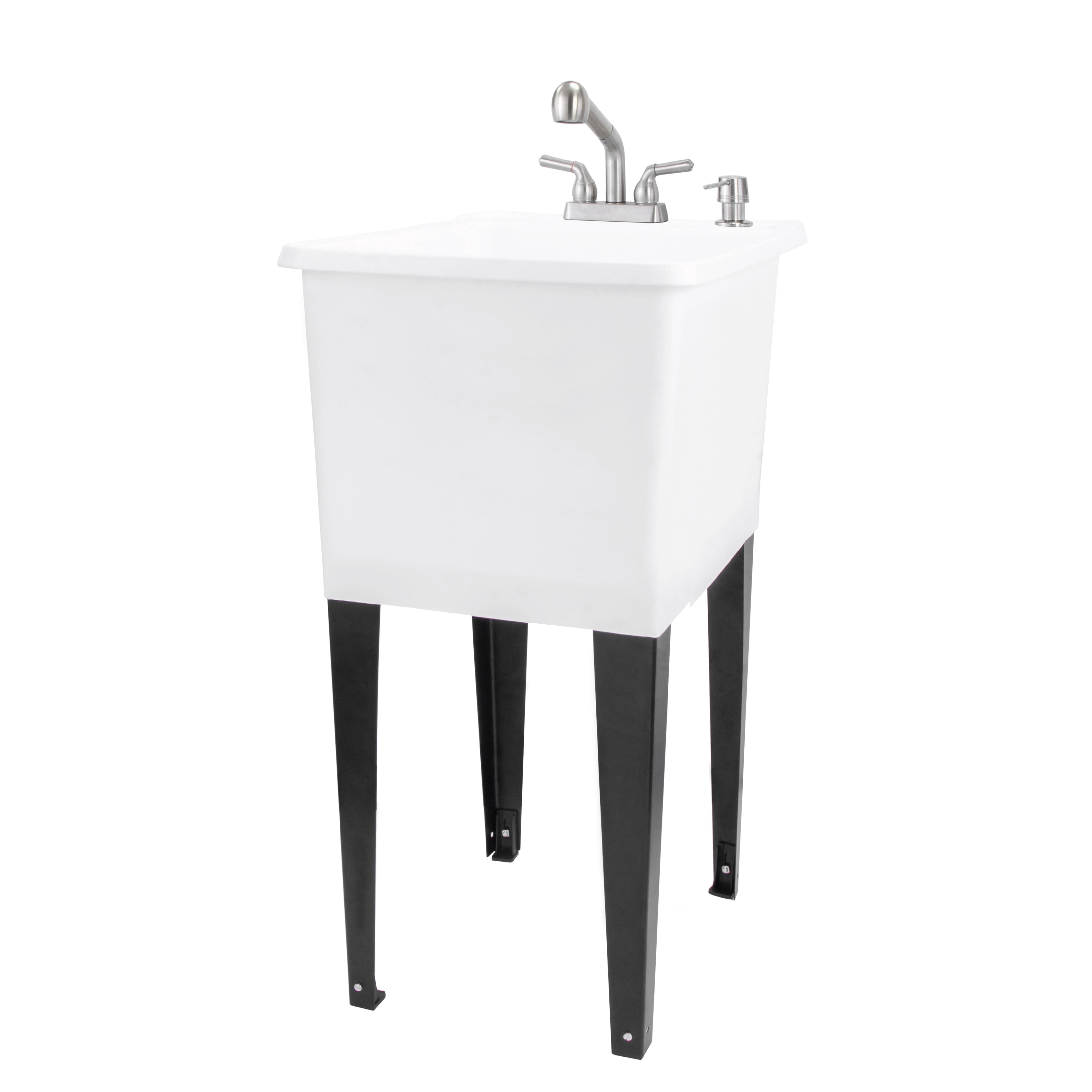 Tehila Free Standing 16 Gallon White Laundry Utility Sink Tub with Stainless Finish Pull-Out Faucet