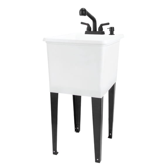 TEHILA White Freestanding Floor Mount Space Saver Utility Sink with Black Faucet for Laundry Room
