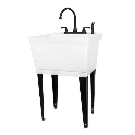 TEHILA White Freestanding Floor Mount Utility Sink Black Faucet for Laundry Room, Basement, Garage