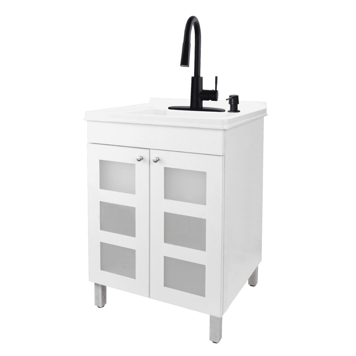 TEHILA White Utility Sink Laundry Vanity with Black Pull-Down Faucet and Soap Dispenser
