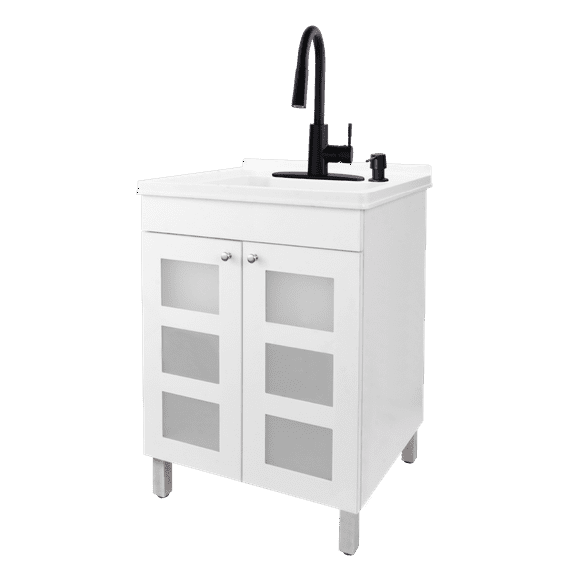 TEHILA White Utility Sink Laundry Vanity with Black Pull-Down Faucet and Soap Dispenser