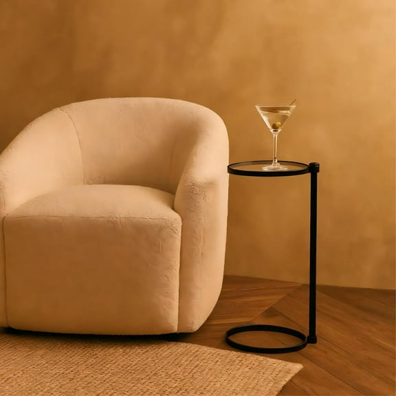 TEHOME Black Glass Drink Table Metal Martini Round Table Small Drink Side Table for couch Tempered Glass C Shaped End Table for Sofa 10" diam,24.55" h