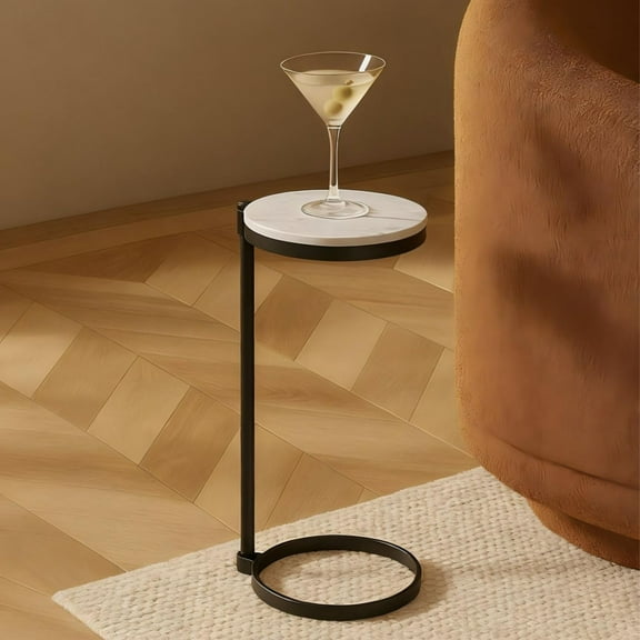 TEHOME Black Marble Drink Table Metal Martini Round Table Small Drink Side Table for couch Marble C Shaped End Table for Sofa 10" diam,24.55" h
