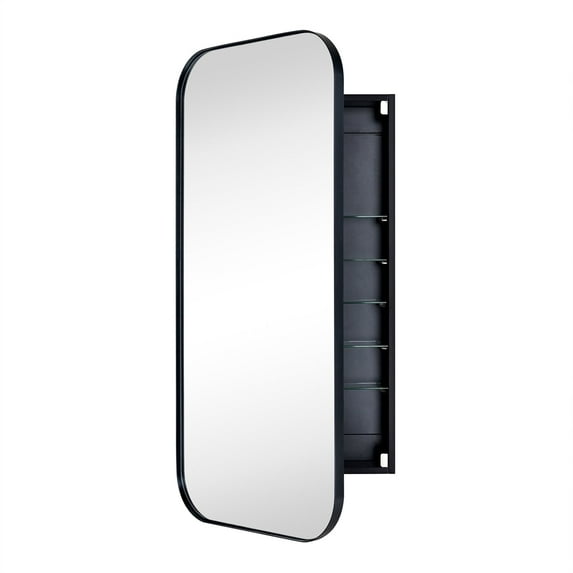 TEHOME Black Rectangle Long Recessed and Surface Mount Stainless Steel Metal Framed Rounded Rectangular Bathroom Cabinet with Mirror 20x40''