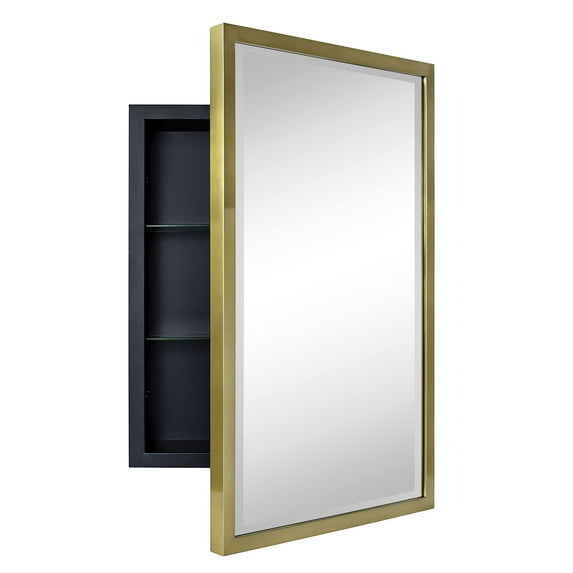 TEHOME Brushed Gold Metal Framed Recessed Bathroom Medicine Cabinet with Mirror 16 x 24''