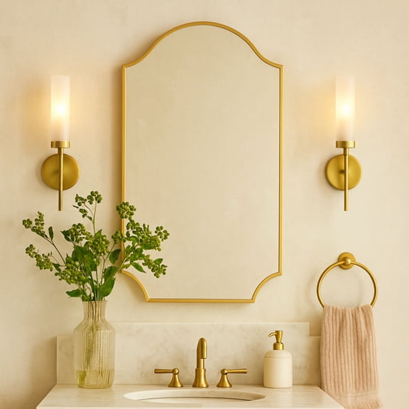 TEHOME Brushed Gold Scalloped Mirror 24x36, Arched Stainless Steel Wall Mirror with Electroplated Finish, Vintage Modern Decorative Mirror for Bathroom Vanity, Living Room, Hallway