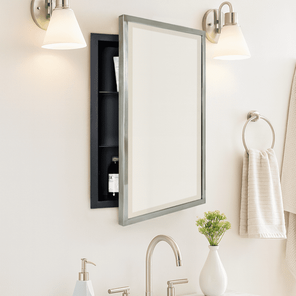 TEHOME Brushed Nickel Metal Framed Recessed Bathroom Medicine Cabinet with Mirror 16 x 24''