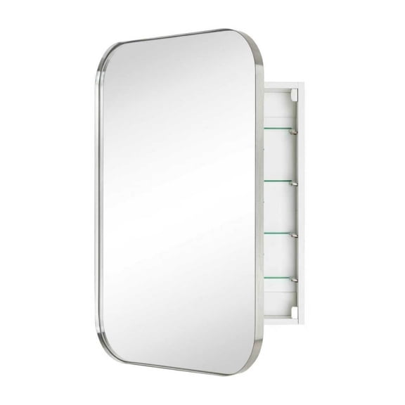 TEHOME Brushed Nickel Rectangle Bathroom Medicine Cabinet with Mirror Recessed and Surface Mount Stainless Steel Metal Framed Rounded Rectangular Bathroom Cabinet with Mirror 22x30''