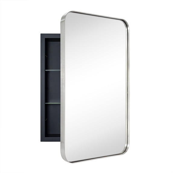 TEHOME Brushed Nickel Rectangle Recessed Bathroom Medicine Cabinet with Mirror Stainless Steel Metal Framed Rounded Rectangular Bathroom Cabinet with Mirror 16x24''
