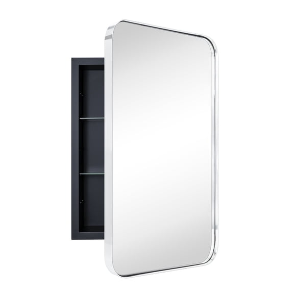 TEHOME Chrome Rectangle Recessed Bathroom Medicine Cabinet with Mirror Stainless Steel Metal Framed Rounded Rectangular Bathroom Cabinet with Mirror 16x24''