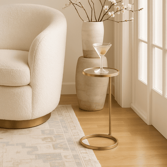 TEHOME Gold Glass Drink Table Metal Martini Round Table Small Drink Side Table for couch Tempered Glass C Shaped End Table for Sofa 10" diam,24.55" h