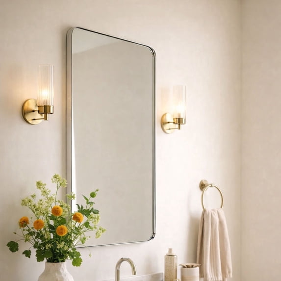 TEHOME Kengston 24x40'' Polished Nickel Metal Framed Bathroom Mirror for Wall in Stainless Steel Rounded Rectangular Bathroom Vanity Mirrors Wall Mounted