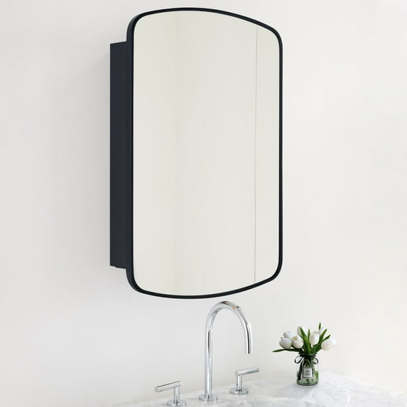 TEHOME Matt Black Surface and Recessed Mount Medicine Cabinet with Mirror Metal Framed Arch Bathroom Wall Cabinet with Mirror 18x27''