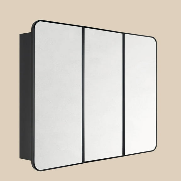 TEHOME Triple Door Bathroom Medicine Cabinet with Mirror, 30x40 Inch, Black Metal Frame, Soft Close Hinges, Adjustable Glass Shelves, Surface & Recessed Mount Vanity Cabinet, Fully Assembled