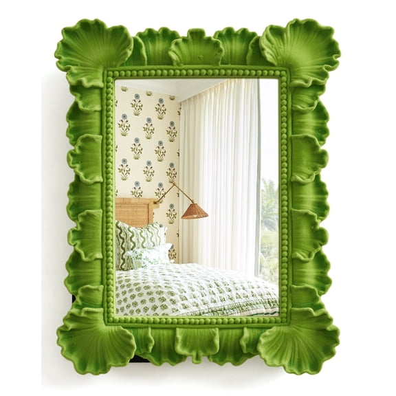 TEIPAI Unique Mirror Wall Decor with Resin Leaf and Soft Velvet Touch for Bedroom Aesthetic, 14x12 Decorative Hanging Mirror Art Gift for Wedding Birthday Housewarming Christmas (Lawn Green) Y101