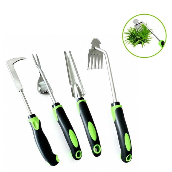 TEIPUERY 4-Piece Garden Weeding Tool Set with Root Remover, Soil Knife and Hand Cultivator, Green