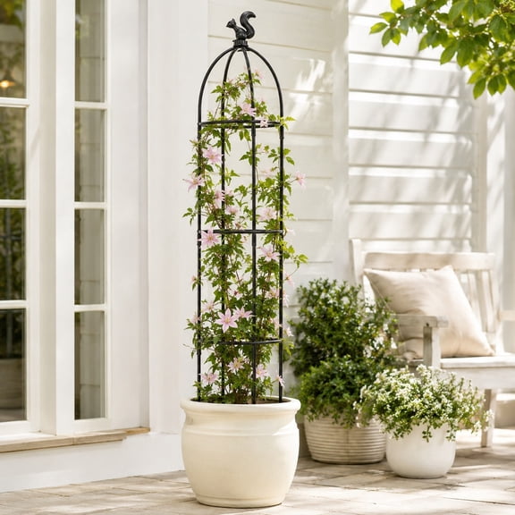TEIPUERY 57 inch Garden Trellis for Climbing Plants, 3-Tier Plant Support with Squirrel Finial, Black