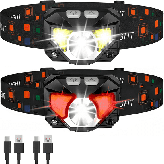 TEIPUERY Headlamp Flashlight,2000 Lumens LED Rechargeable Headlight with Adjustable Headband,8 Modes Head Lamp for Outdoor Camping Running Hiking Fishing-2 Pack