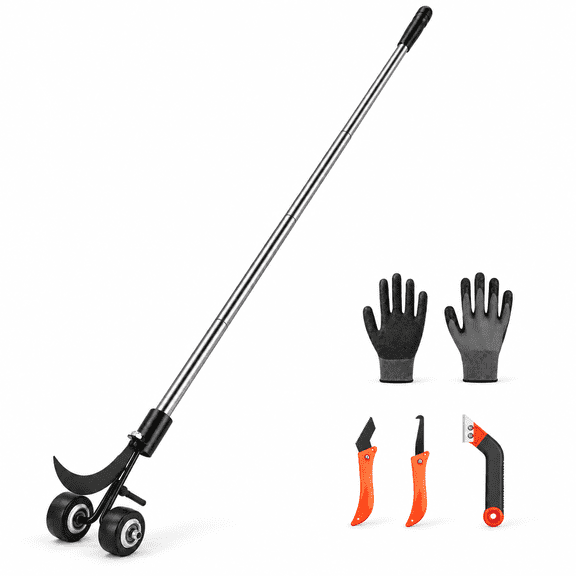 TEIPUERY Long Handle Rolling Garden Weeder Set, Manual Weed Removal Tool with 3 Hand Tools & Gloves for Lawn and Yard