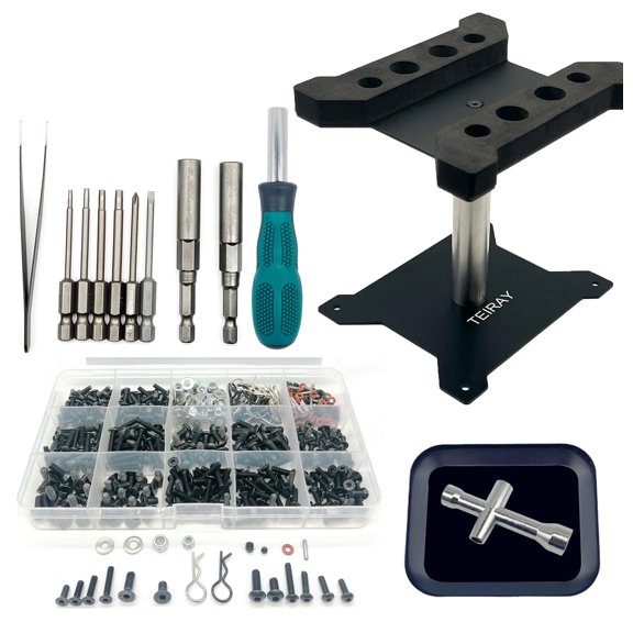 TEIRAY RC Car Repair Work Stand Repair Tool Set 360 Degree Rotation and 600 PCS RC Screws Kit and Screws Pallet Kit and RC Screwdrivers for 1/8 1/10 1/12 1/16 1/18 RC Car Truck Crawler (Black) Y101