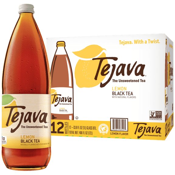 Tejava Lemon Flavored Unsweetened Black Tea, Non-GMO Verified, Glass Bottles, 1 Liter, 12 Pack
