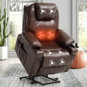 TEKAMON 3-Position Power Lift Recliner Chair for Elderly with Heat and Massage Real Leather Electric Recliners Chair For Living Room with Cup Holders, Remote Control (Brown)