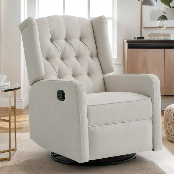 TEKAMON 360°Swivel Recliner Chair with Extra Large Extended Footrest, Comfy Upholstered Glider Rocking Chair for Living Room, Beige