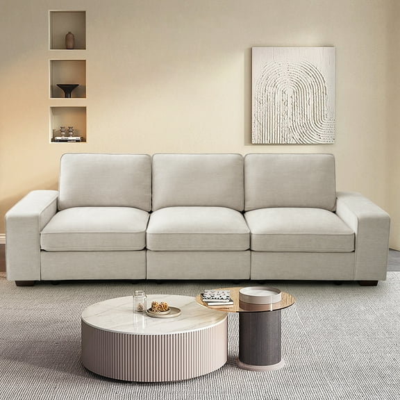 TEKAMON 99.4" Modular Sectional Sofa with Storage Layer for Living Room, Modern Couch with Side Pocket Washable Removable Cushion Cover, Easy to Install, 3 Seater, Beige Linen Fabric