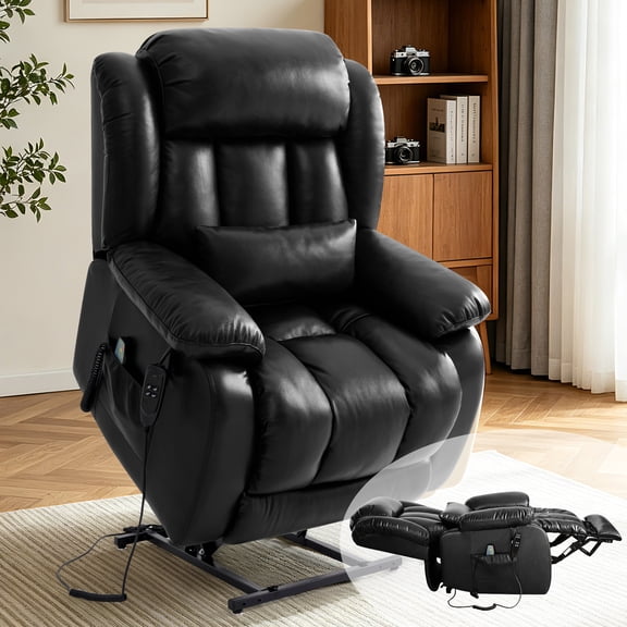 TEKAMON Infinite Position Lift Recliner Chair for Elderly with Heat Massage and Extended Footrest Lay Flat Sleeping Leather Dual Motor Power Lift Chair for Living Room (Black)