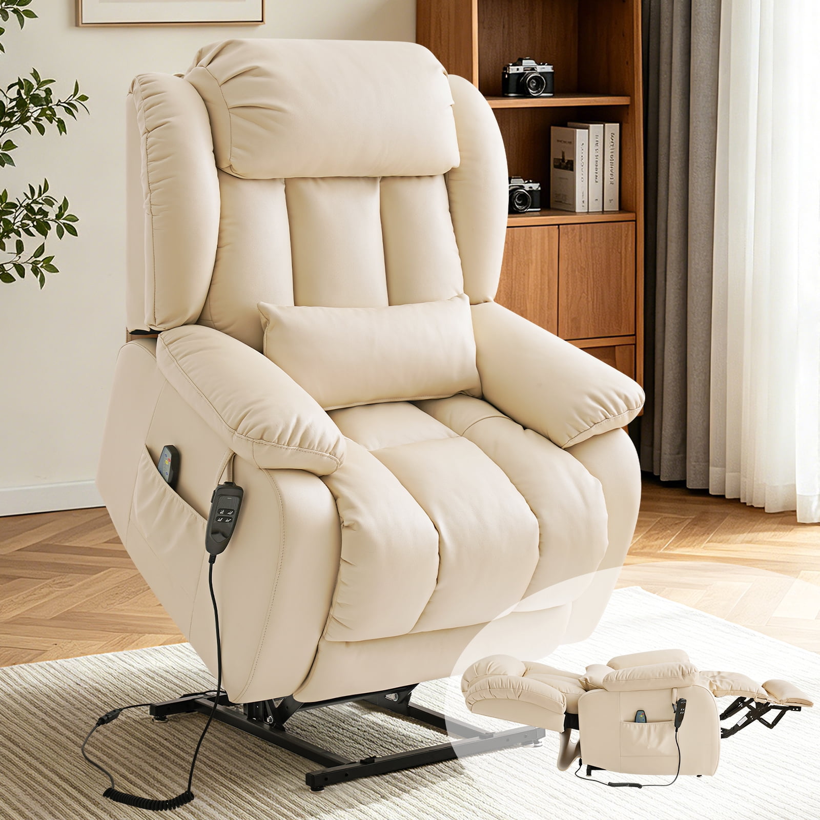 TEKAMON Infinite Position Lift Recliner Chair for Elderly with Heat Massage and Extended Footrest Lay Flat Sleeping Leather Dual Motor Power Lift Chair for Living Room (Beige)