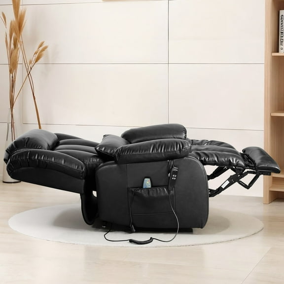 TEKAMON Infinite Position Lift Recliner Chair for Elderly with Heat Massage and Extended Footrest Lay Flat Sleeping Leather Dual Motor Power Lift Chair for Living Room (Black)