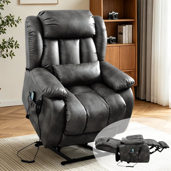 TEKAMON Infinite Position Lift Recliner Chair for Elderly with Heat Massage and Extended Footrest Lay Flat Sleeping Leather Dual Motor Power Lift Chair for Living Room (Grey)