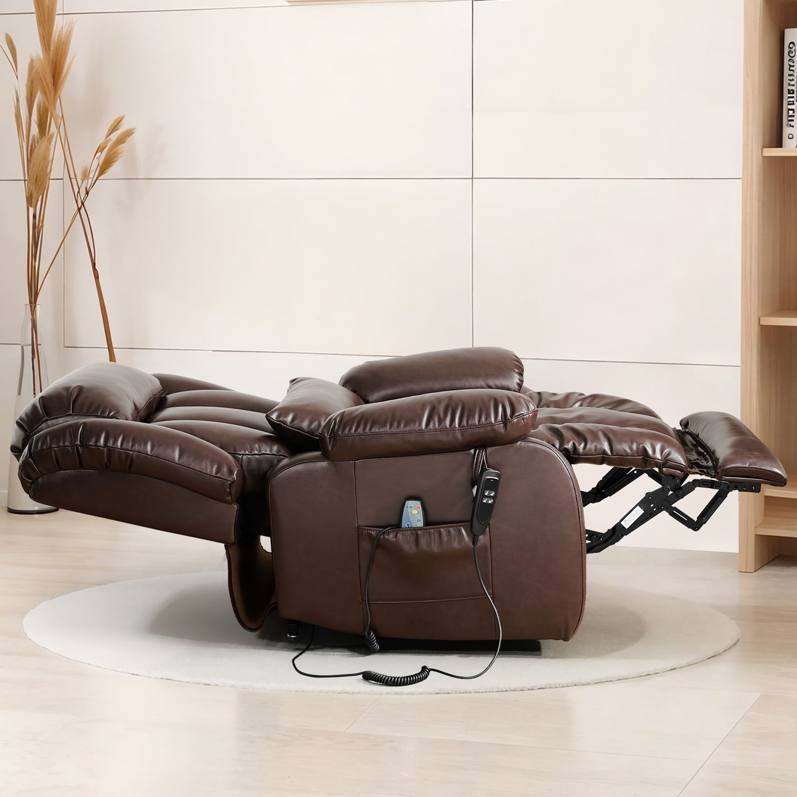 TEKAMON Infinite Position Lift Recliner Chair for Elderly with Heat Massage and Extended Footrest Lay Flat Sleeping Leather Dual Motor Power Lift Chair for Living Room (Brown)