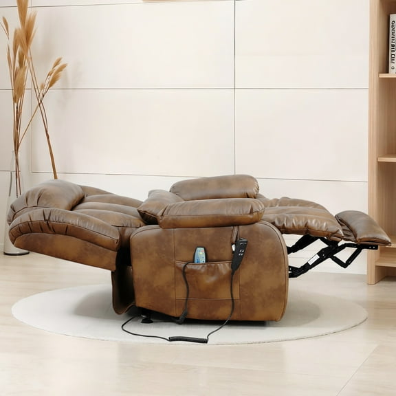 TEKAMON Infinite Position Lift Recliner Chair for Elderly with Heat Massage and Extended Footrest Lay Flat Sleeping Leather Dual Motor Power Lift Chair for Living Room (Ochre)