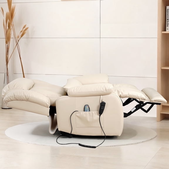 TEKAMON Infinite Position Lift Recliner Chair for Elderly with Heat Massage and Extended Footrest Lay Flat Sleeping Leather Dual Motor Power Lift Chair for Living Room (Beige)