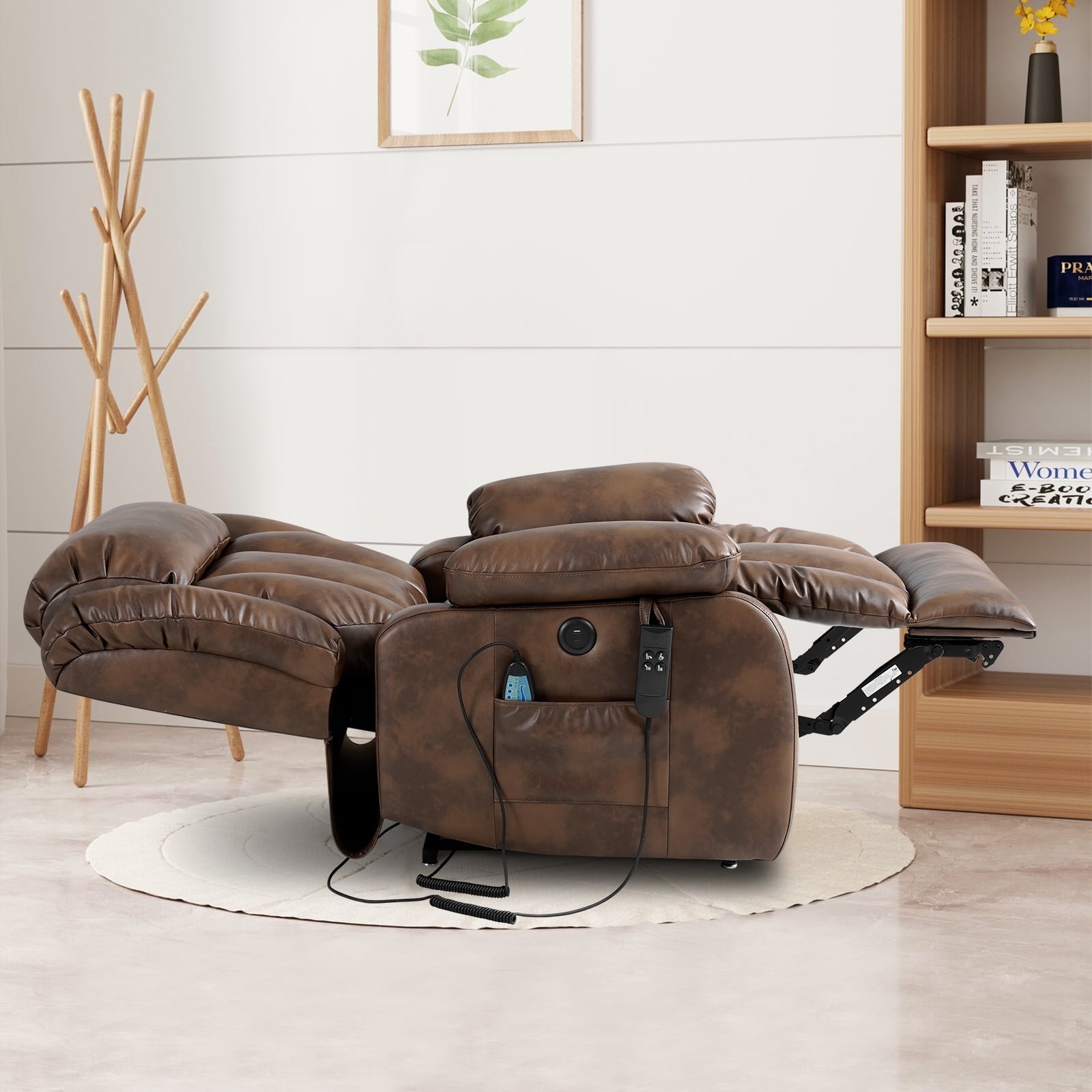 TEKAMON Infinite Position Lift Recliner Chair for Elderly with Heat and Massage Lay Flat Sleeping Leather Dual Motor Power Lift Chair for Living Room (Ochre)