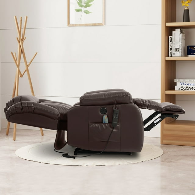 TEKAMON Infinite Position Lift Recliner Chair for Elderly with Heat and Massage Lay Flat Sleeping Leather Dual Motor Power Lift Chair for Living Room (Brown)