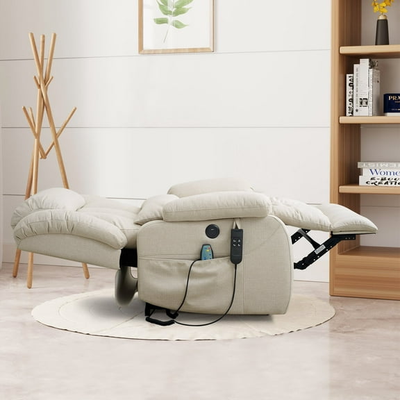 TEKAMON Infinite Position Lift Recliner Chair for Elderly with Heat and Massage Lay Flat Sleeping Power Lift Chair, Linen Fabric, Beige