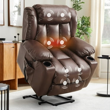 TEKAMON Large Power Lift Recliner Chair for Elderly with Heat and Massage Leather Electric Recliners Chair For Living Room with Cup Holders, Remote Control (Brown)