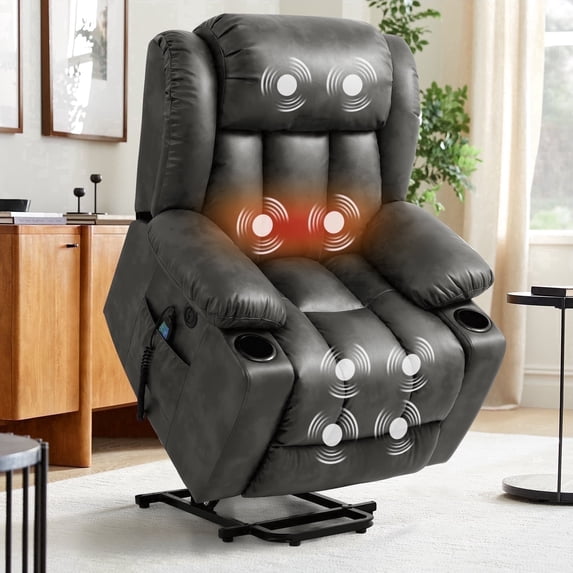 TEKAMON Large Power Lift Recliner Chair for Elderly with Heat and Massage Leather Electric Recliners Chair For Living Room with Cup Holders, Remote Control (Grey)