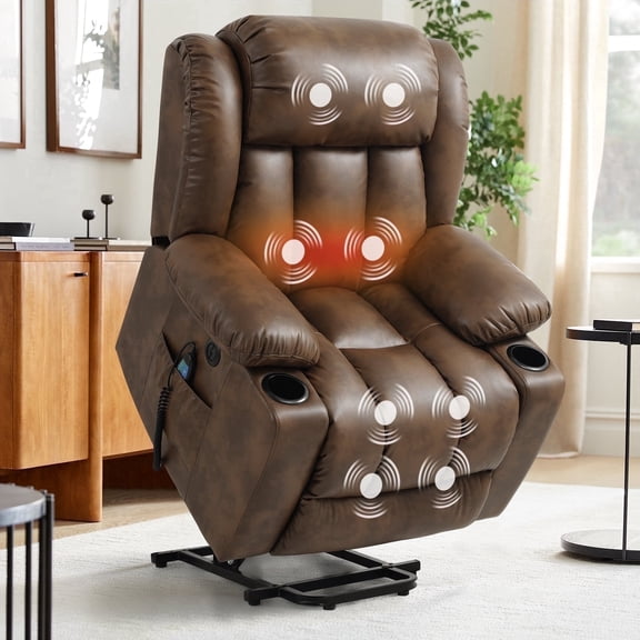TEKAMON Large Power Lift Recliner Chair for Elderly with Heat and Massage Leather Electric Recliners Chair For Living Room with Cup Holders, Remote Control (Ochre)