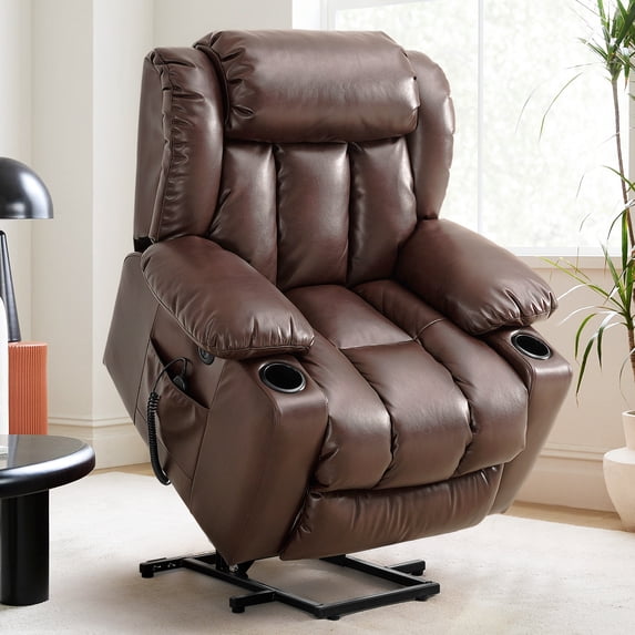 TEKAMON Infinite Position Lift Recliner Chair for Elderly with Heat Massage and Extended Footrest Lay Flat Sleeping Leather Dual Motor Power Lift Chair for Living Room (Brown)