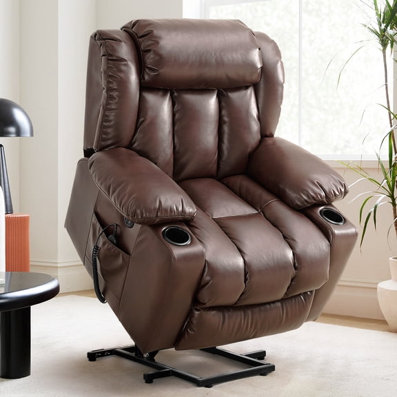 TEKAMON Infinite Position Lift Recliner Chair for Elderly with Heat Massage and Extended Footrest Lay Flat Sleeping Leather Dual Motor Power Lift Chair for Living Room (Brown)
