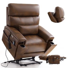TEKAMON Triple Motor Power Lift Recliner Chair for Elderly, Lay Flat, Power Headrest, Vibration Massage & Heat, USB Ports, Cup Holders, Premium Leather, Ochre