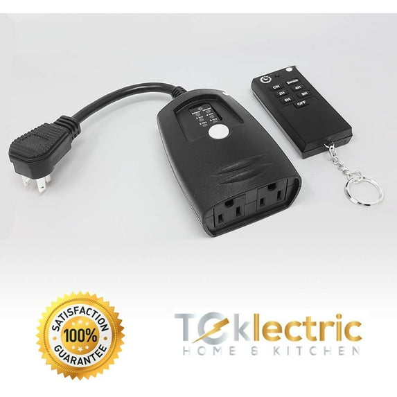 TEKLECTRIC Outdoor Remote Control Outlet With Wireless Remote and Countdown Timer, Weatherproof Light Timer Plug-in Switch, 100 FT Range Wireless - 1000 Watt 10A Heavy Duty - 2 Way