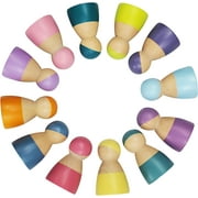 TEKOR 12 Pcs Wooden Pastel Rainbow Peg Dolls Toy | Pretend Play Little People Figures for Toddlers Boys Girls | Montessori Learning Educational Kids Toys | Colorful Wood Stacking Rainbow Friends