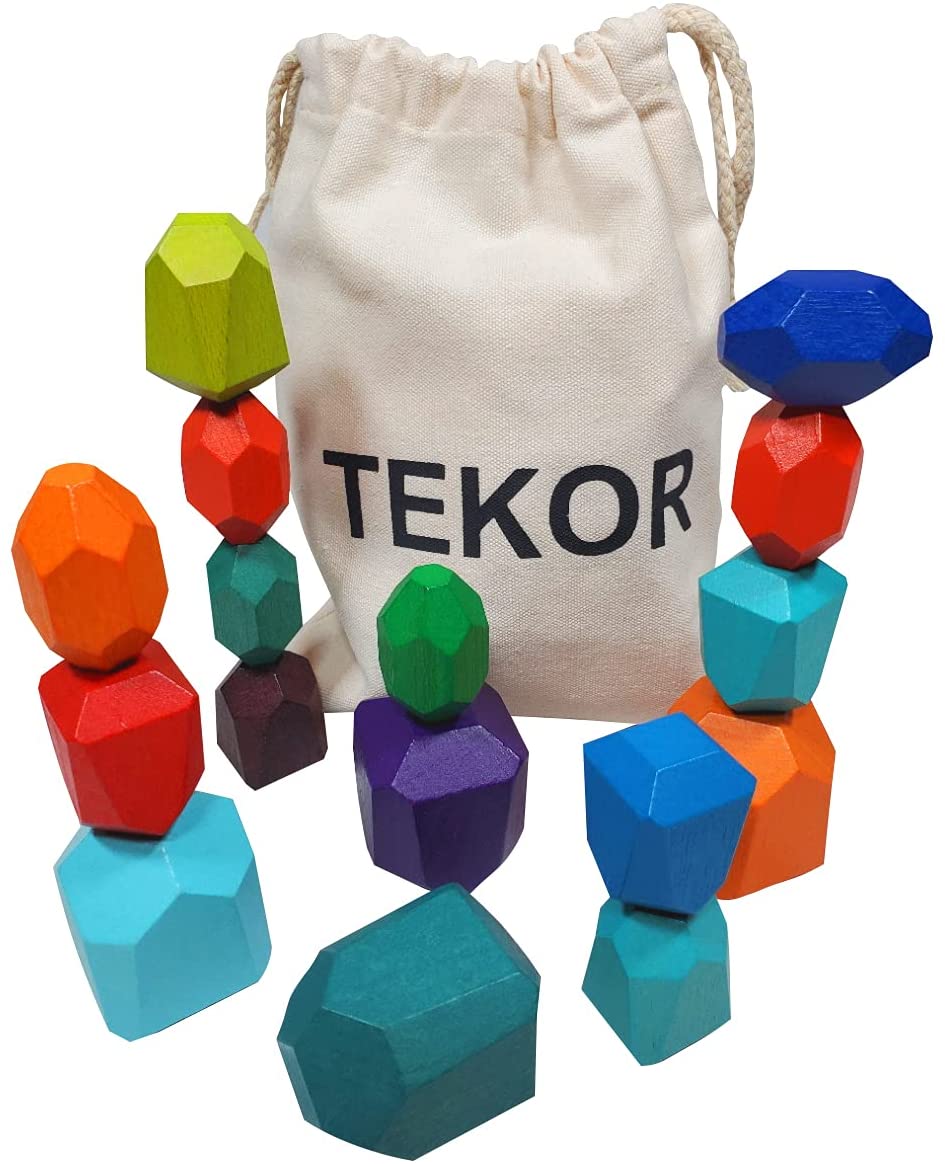 TEKOR 16 Pcs Wooden Stacking Rocks Rainbow Balancing Stones Toy for Kids Natural Wooden