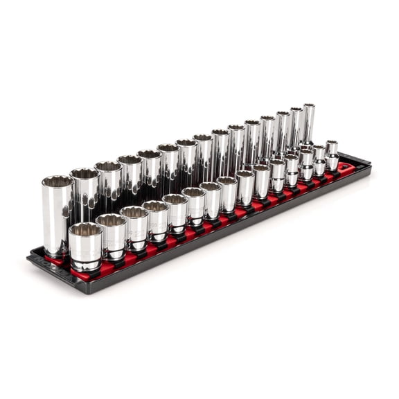 TEKTON 1/2 Inch Drive Shallow and Deep 12-Point Socket Set with Rails and Tray, 30-Piece (10 - 24 mm) | SHD92212