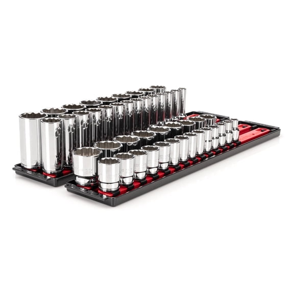 TEKTON 1/2 Inch Drive Shallow and Deep 12-Point Socket Set with Rails and Trays, 46-Piece (10 - 32 mm) | SHD92208